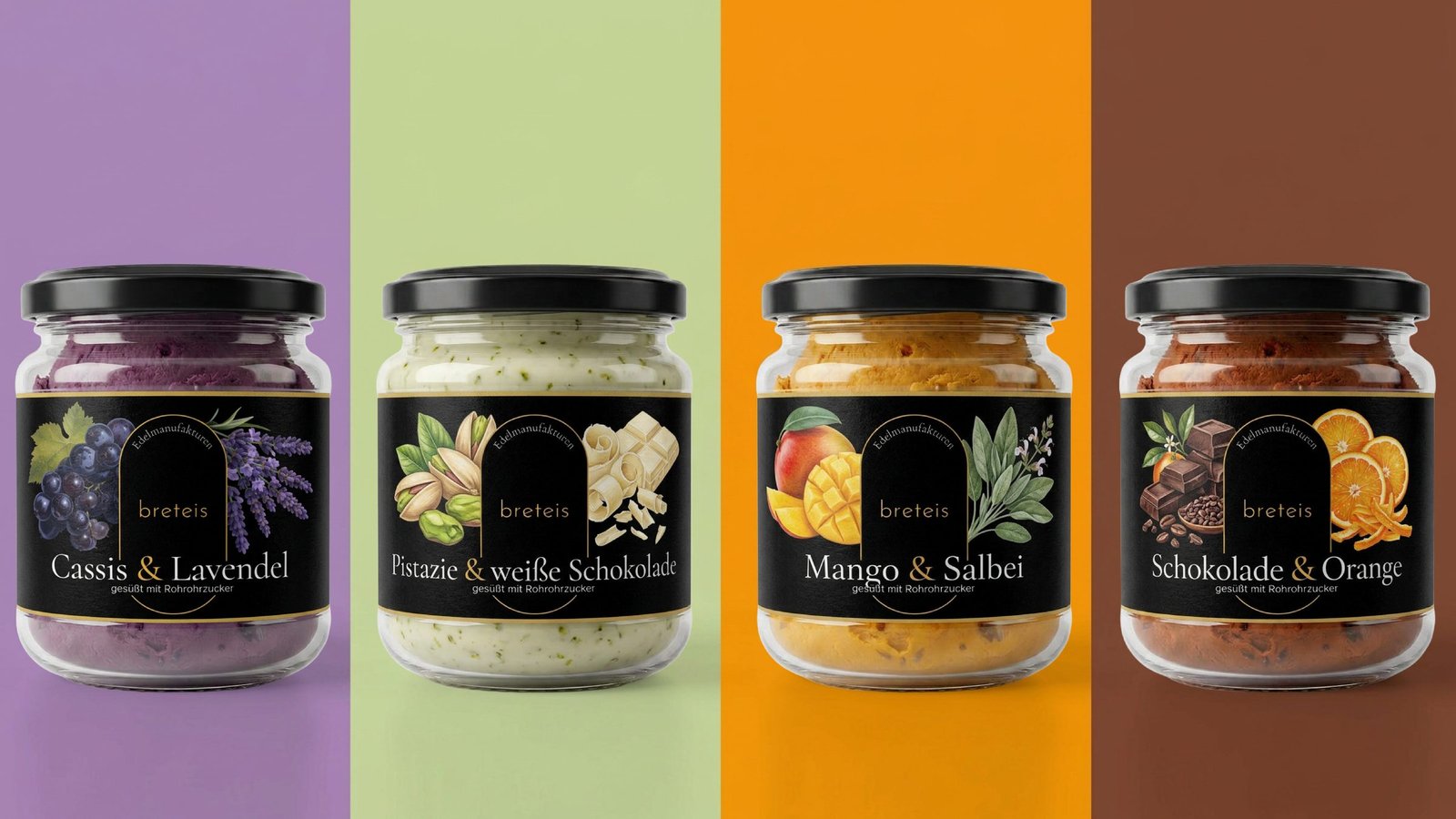 Breteis ice cream packaging — four flavours