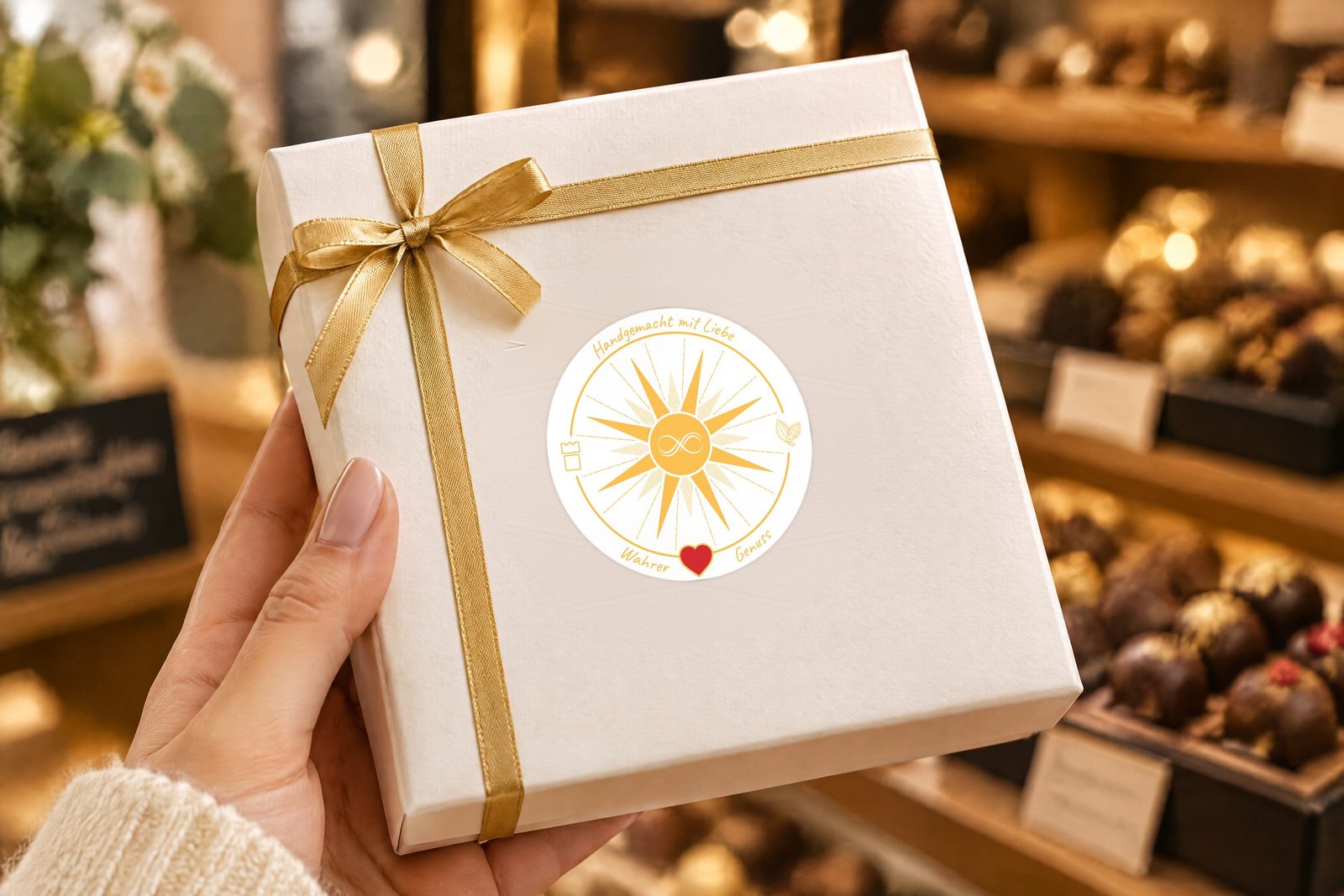 Light sticker sealing a gift box in the shop