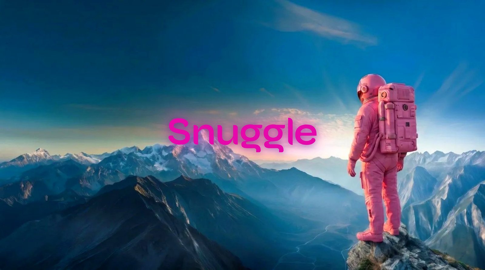 Snuggle — pink astronaut overlooking the mountains