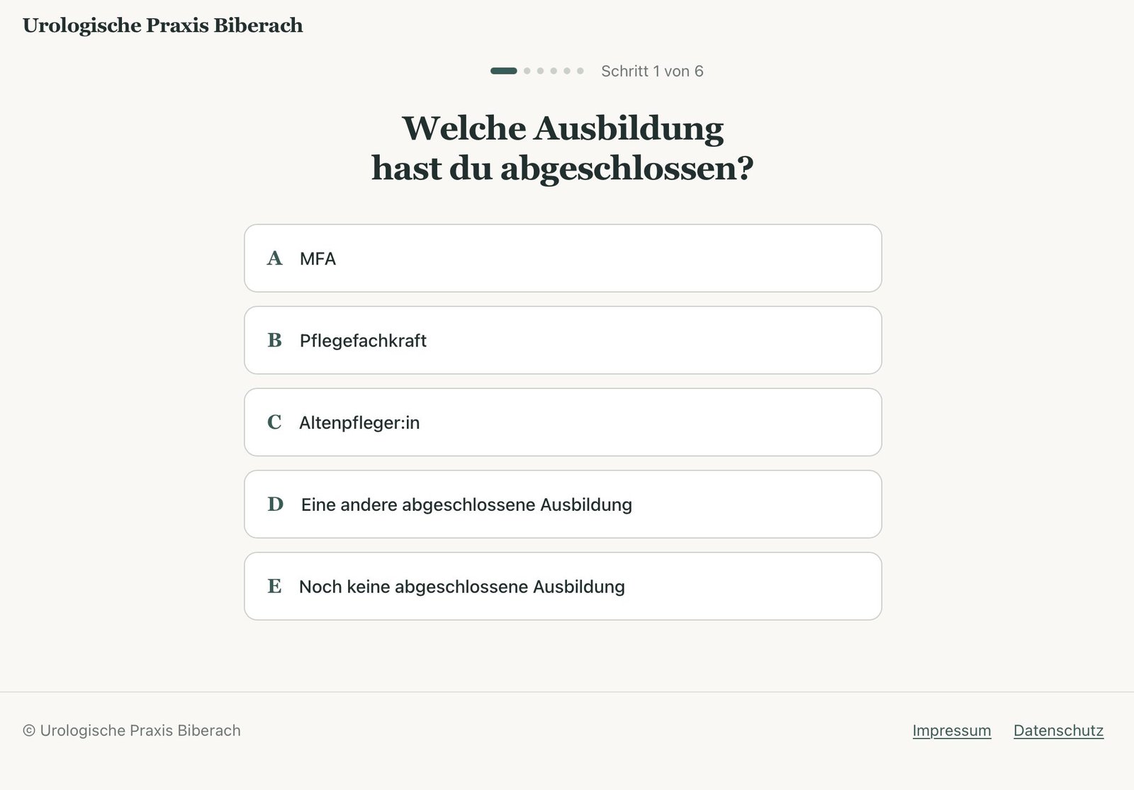Landing page questionnaire — step 1 of 6